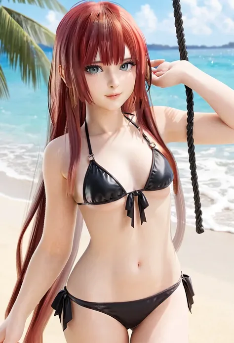 More beautiful with a black bikini, little long red hair and a small strand overhanging gray eyes. 