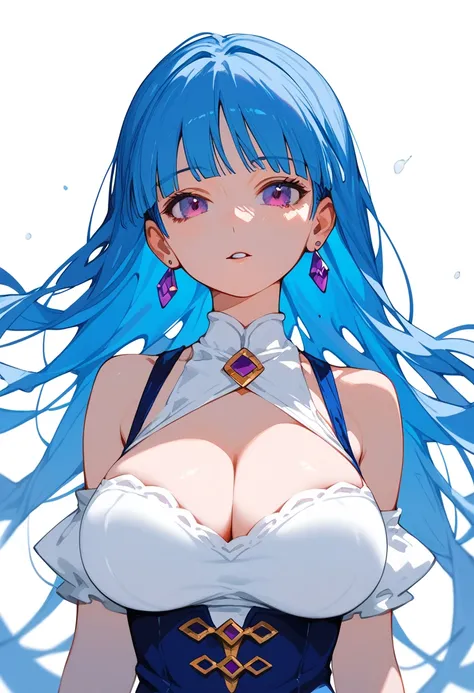 Foroderica, long hair, Purple eyes, Blue hair, White background , Big breasts, 