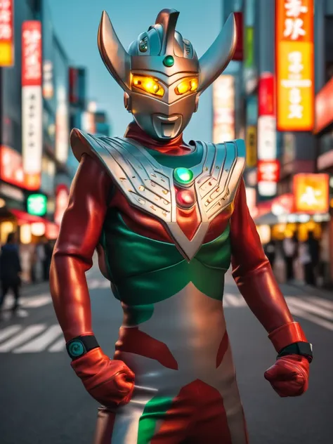 ultraman taro standing on the streets of tokyo at sunset, tall and slim, portrait, fighting pose, photo high quality, realistic ...