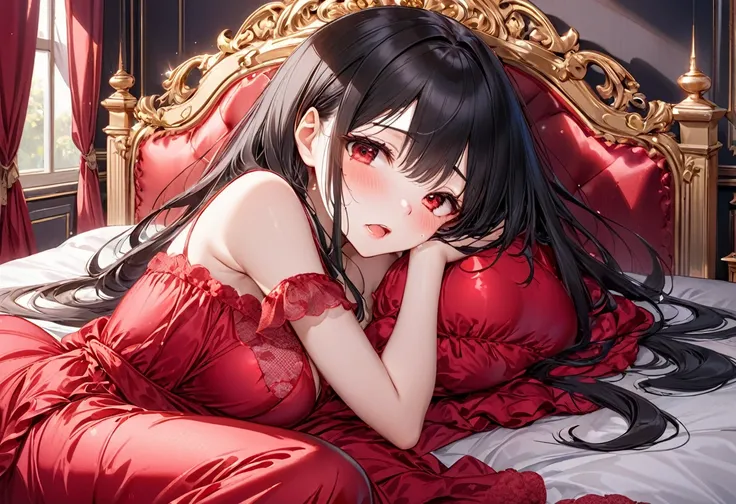 (sleepy style), (solo:2, 18 yo straight black hair long hair cool dominance girl, sleepy red eyes, cute open mouth, glossy lips, tears, big tits), in a detailed red silky negligee, break, in ＴＨＥ Royal bedroom, BREAK, perfect anatomy, masterpiece, best qual...