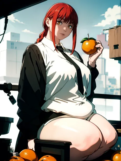 Le personnage Makima de la série animée Chainsaw Man, fragile, obésité morbide, ssbbw, pleine longueur (corps entier 1.1.), fond sombre, obscurité, anatomie correcte 1.1, anatomie correcte de la main, Très féminin, corps gras et rond, grosses Jambes, fesse...