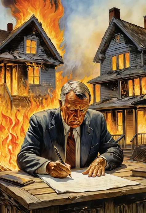 "A detailed image of a distressed homeowner signing a contract held by Crassus. The flames of the burning house illuminate their faces, capturing the urgency and desperation of the moment."
Size: "1024x1024"