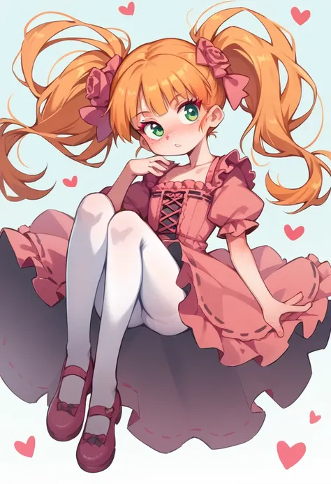 girl, White skin, shoulder length orange hair, loose and with ponytails, green eyes with hearts in the highlights, red eyelashes, freckles, pink lolita dress, pink shoes, white tights