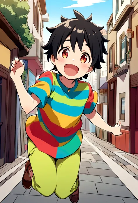 create a dick style scene, of a boy approximately 6 years old, black hair, eyes browns,super happy and jumping for joy , on a city street in the interior, she wears a colorful shirt.