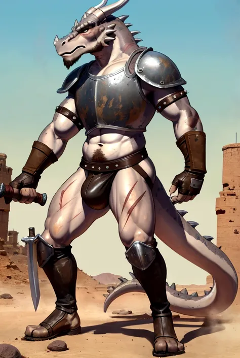 Solo Sexy anthro scalie dragon male mercenary medieval solider, slim endomorph muscular handsone model male apperance, sword scars, worn out rusty skimpy armament, low on hips heavy leather belt, old very worn out skimpy dirty linen material jockstrap, old...