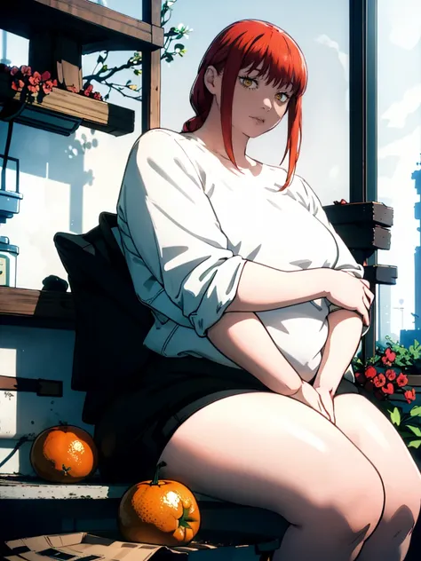 Le personnage Makima de la série animée Chainsaw Man, fragile, obésité morbide, ssbbw, pleine longueur (corps entier 1.1.), fond sombre, obscurité, anatomie correcte 1.1, anatomie correcte de la main, Très féminin, corps gras et rond, grosses Jambes, fesse...