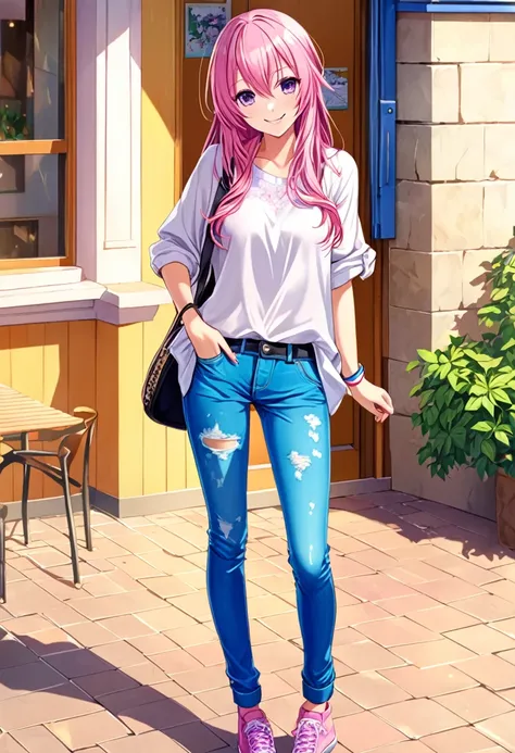 Megurine Luka casual clothes, colorful jeans, morning smile