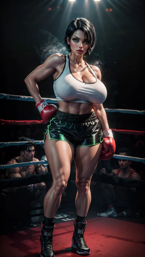 (best quality,highres:1.2), (ultra-detailed), (realistic:1.37), (HDR,UHD), (physically-based rendering), ((curvy thicc mature Denise Milani)), ((black boxing shorts:1.3)), ((skimpy boxing shorts:1.3)), (boxing boots), ((short, straight jet-black hair:1.4))...