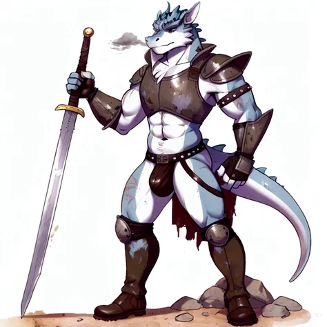 Solo Sexy anthro scalie dragon male mercenary medieval solider, slim endomorph muscular handsone model male apperance, sword scars, worn out rusty skimpy armament, low on hips heavy leather belt, old very worn out skimpy dirty linen material jockstrap, old...