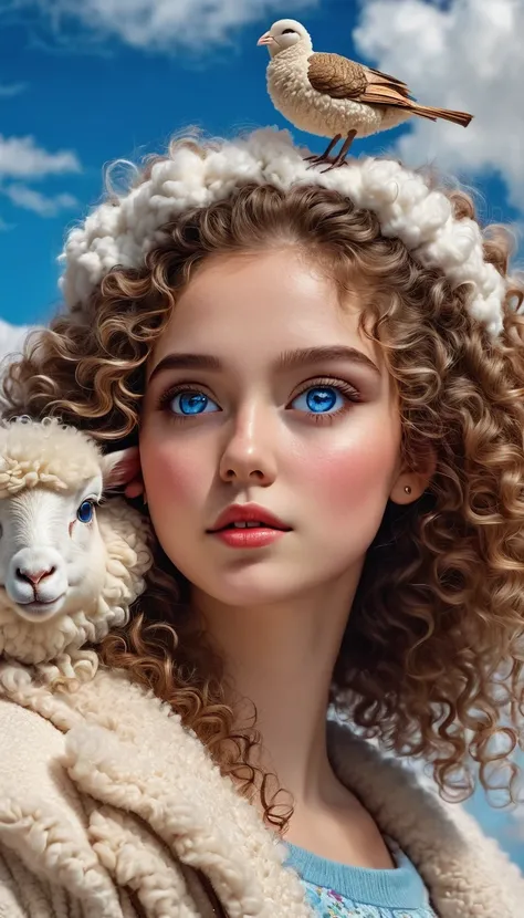 1 girl,bird,beautiful detailed blue eyes,cloud,curly hair,outdoor,furry trim,pom pom(clothes),sheep,sky,solo,upper body,wavy hair,(best quality,4k,8k,highres,masterpiece:1.2),ultra-detailed,(realistic,photorealistic,photo-realistic:1.37),beautiful portrait...