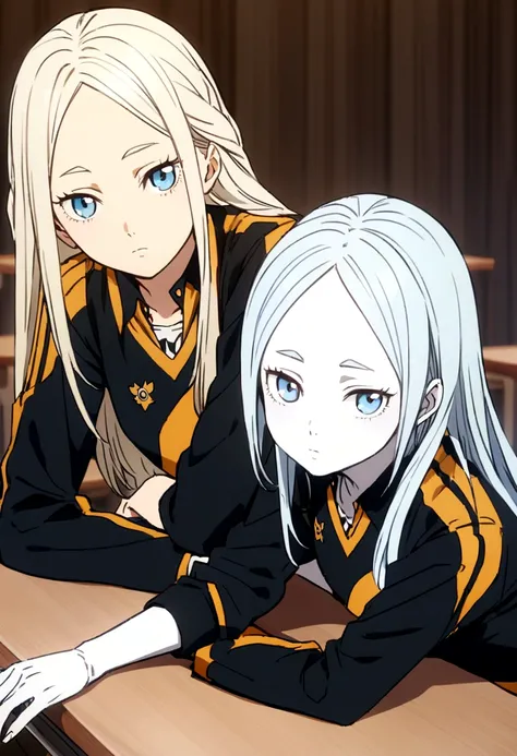 albino girl, long hair and two braided strands, light blue eyes, pale skin, image and uniform from the anime haikyuu, pose leaning on the desk  