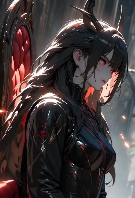 (solo), black hair, messy hair, mane hair, long hair, dense hair, wild hair, expressive hair, mature,(25 year old), pale skin, red eyes, ((woman)), wearing black armor, black dragon horns,, black helmet, serious, black wings, beautiful, attractive, eye ref...