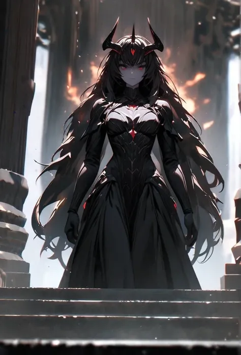 (solo), black hair, messy hair, mane hair, long hair, dense hair, wild hair, expressive hair, mature,(25 year old), pale skin, red eyes, ((woman)), wearing black armor, black dragon horns,, black helmet, serious, black wings, beautiful, attractive, eye ref...