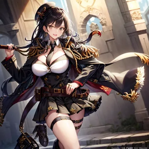 (masterpiece:1.2), (Military uniform magazine cover:1.4),best quality,PIXIV,Sweet girl , sexy posture,1girl, (perky chest:1.2), rolling upskirt by wind:1.6, (with sparkling eyes and a contagious smile),open mouth, (pointed chest:1.2),fishnets, black hair, ...