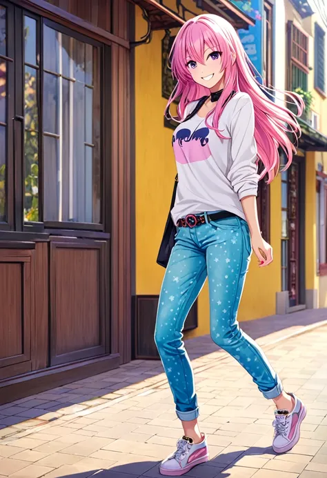 Megurine Luka casual clothes, colorful jeans, morning smile