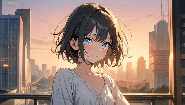 1girl, solo, gentle smile on her face flat chest, blue eyes, (detailed eyes), short hair, black hair, upper body, ((masterpiece, illustration, best quality)) ((best quality)), ((masterpiece)), (detailed), (masterpiece)),(((bestquality))), whole body、Kind F...