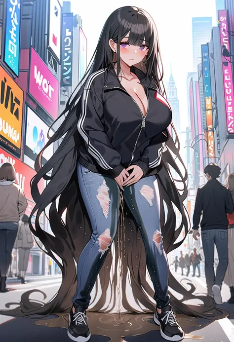 (masterpiece:1.37), best quality, (extremely detailed:1.37), woman, adult, mature, (very long hair:1.5), (very black hair:1.5), purple eyes, (extremely detailed eyes:1.37), large breasts, standing, (wetting self:1.5), large breasts, stylish jacket, multico...