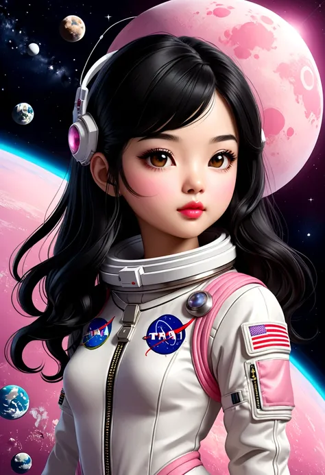 Beautiful chibi Sarah Kay style, with long black hair, pink lips, delicate Asian features, dressed in a simple Thai astronaut suit, illustration, 3d render, photography, realistic, anime, photography, poster, fashion, portrait photography