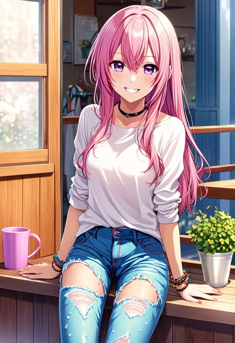 Megurine Luka casual clothes, colorful jeans, morning smile