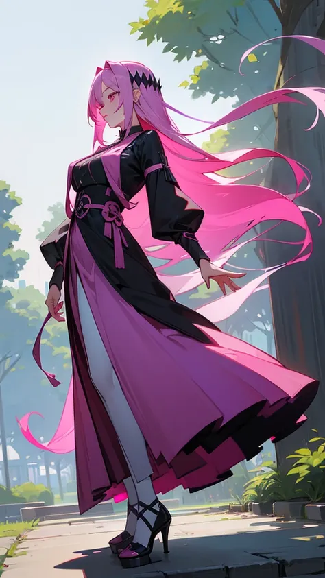 young girl, long straight hair to the waist, pink hair color, violet eye color, chest size is very, very large, goddess of death dress outfit, long skirt, Long front skirt, Long socks up to the upper thigh, black sock color, wear high heels, in the park.