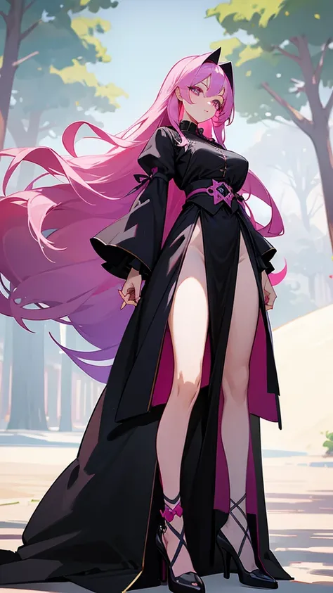 young girl, long straight hair to the waist, pink hair color, violet eye color, chest size is very, very large, goddess of death dress outfit, long skirt, Long front skirt, Long socks up to the upper thigh, black sock color, wear high heels, in the park.