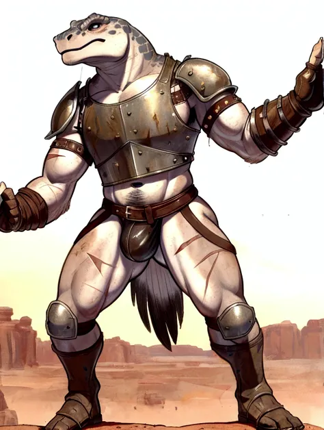 Solo Sexy anthro reptile male mercenary medieval solider, slim endomorph muscular handsone model male apperance, sword scars, worn out rusty skimpy armament, low on hips heavy leather belt, old very worn out skimpy dirty linen material jockstrap, old yello...