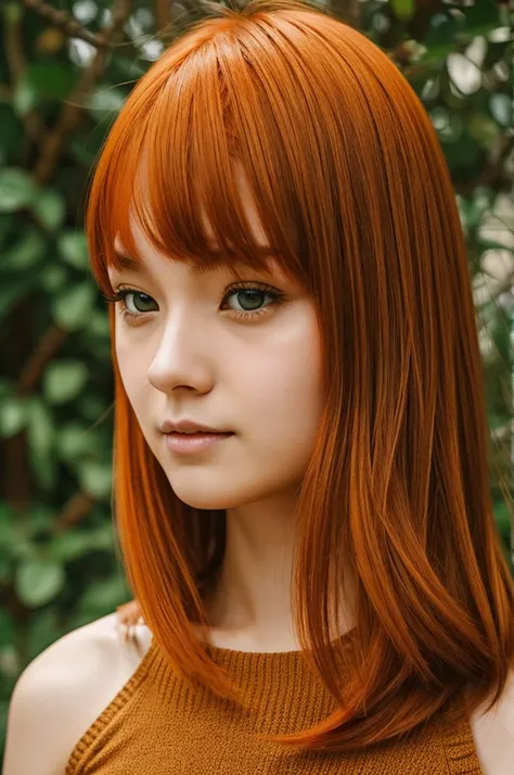 Girl with shoulder-length orange hair without fringe and yellow eyes, it&#39;s a bit cordite