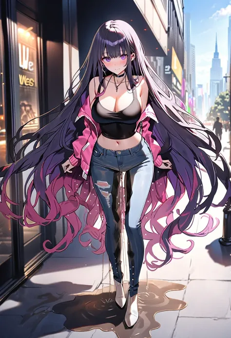 (masterpiece:1.37), best quality, (extremely detailed:1.37), woman, adult, (very long hair:1.5), (very dark purple hair:1.5), purple eyes, (extremely detailed eyes:1.37), large breasts, standing, (wetting self:2.0), large breasts, stylish jacket, multicolo...