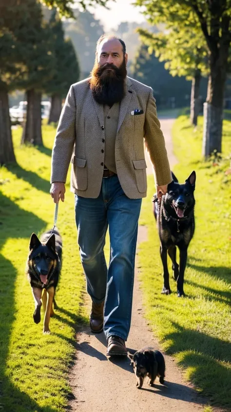 Eealista photo of man, age 45 , large, well-detailed beard, wearing country clothes, walking with your German Shepherd dog by your side, picture in 8k, Kodak photo, High definition 