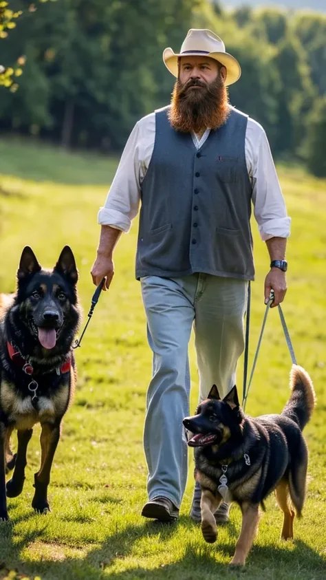 Eealista photo of man, age 45 , large, well-detailed beard, wearing country clothes, walking with your German Shepherd dog by your side, picture in 8k, Kodak photo, High definition 