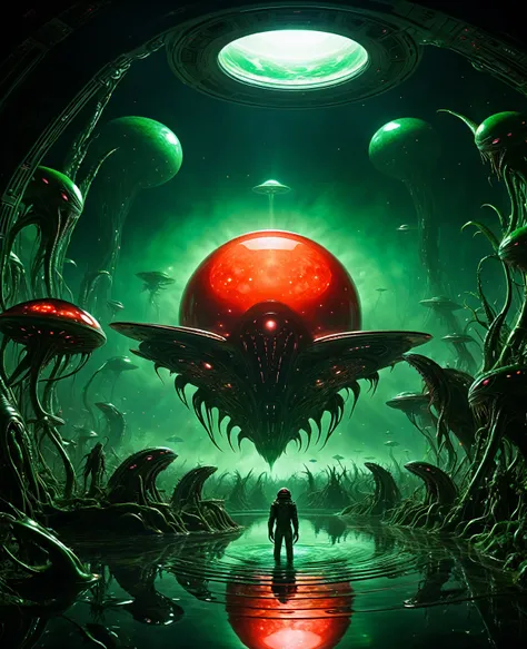 Alien Demon emitting a soft red glow looks at his own image on the surface of a reflective space craft, on the side a swamp with amorphous creatures surrounded by a circumfusion of dark green viscosity , highly detailed.