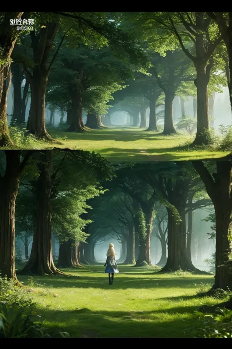 16:9 screen sizes、The blonde female wizard character is the one on the left side of the screen./Place it in position 3。 The protagonist stands strong and facing forward.、The surrounding area is a mystical forest landscape.。