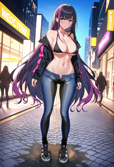 (masterpiece:1.37), best quality, (extremely detailed:1.37), woman, (very long hair:1.5), dark purple hair, purple eyes, (extremely detailed eyes:1.37), standing, (wetting self:1.5), large breasts, stylish jacket, multicolored jackt, jeans, cleavage, navel...