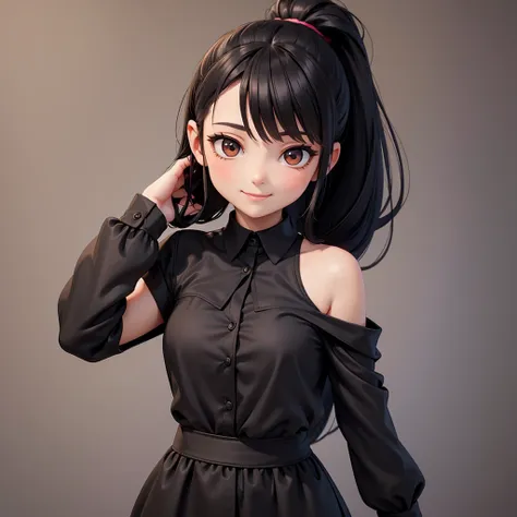 chibi a beautiful young woman with small aesthetic breasts, long black hair in a ponytail, brown eyes, a pretty face, wearing a black silk shirt dress, a slight smile, full body shot