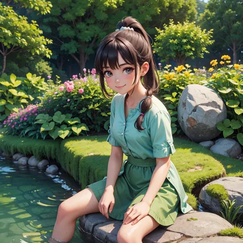 girl with ponytail hair sitting on a rock with a garden in the background, her hands are resting on the rock she looks at the ca...