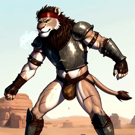 solo sexy anthro furry lion male mercenary medieval solider, slim endomorph muscular handsone model male apperance, headband, sw...