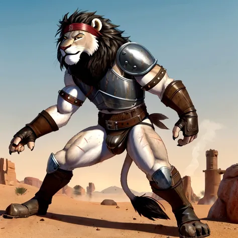 solo sexy anthro furry lion male mercenary medieval solider, slim endomorph muscular handsone model male apperance, headband, sw...