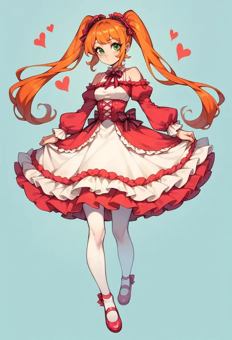 girl, White skin, shoulder length orange hair, loose and with ponytails, green eyes with hearts in the highlights, red eyelashes, freckles, pink lolita dress, pink shoes, white tights