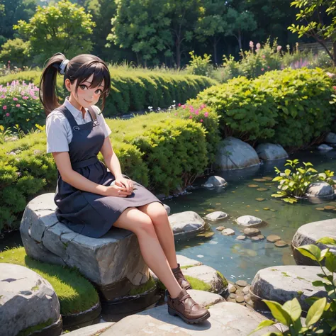 girl with ponytail hair sitting on a rock with a garden in the background, her hands are resting on the rock she looks at the camera with a beautiful smile
