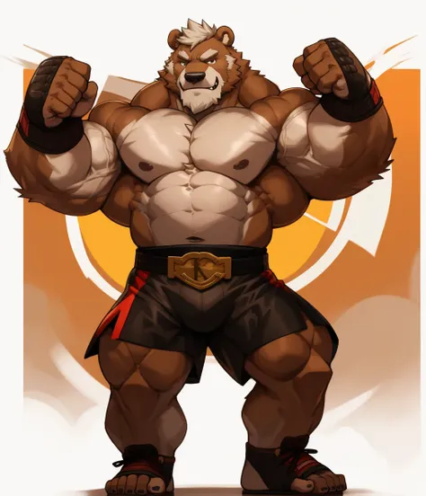 solo, 1boy, Huge Muscular Old Grizzly Bear wearing kickboxing MMA belt , thick pectoral, thick arms, huge pectoral, wide pectoral, hige brown fur, short white hair, Kickboxing MMA shorts, kickboxing MMA gloves, Kickboxing MMA Footwear 5 toes and shirtless,...