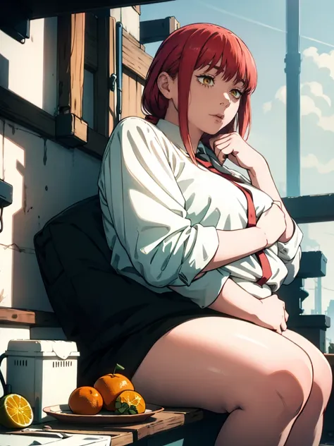 Le personnage Makima de la série animée Chainsaw Man, fragile, obésité morbide, ssbbw, pleine longueur (corps entier 1.1.), fond sombre, obscurité, anatomie correcte 1.1, anatomie correcte de la main, Très féminin, corps gras et rond, grosses Jambes, fesse...