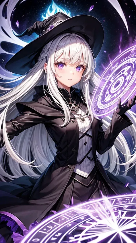 A girl, white hair, purple eyes, all black Wizard outfit, night, Magic circle, 