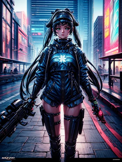 a beautiful detailed anime girl, sexy urban futuristic outfit, subzero mortal kombat mask covering mouth, submachine gun on back...