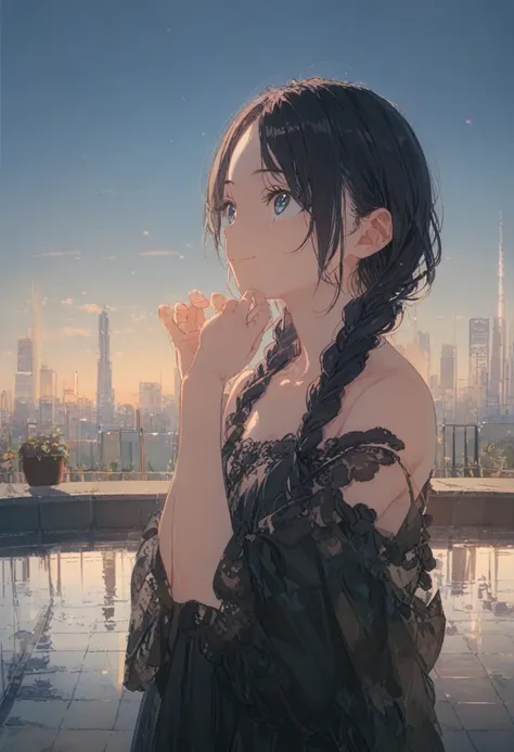 1 Female(prince,cute,cute,20-year-old,Long braids,Black Hair,Eye color: Ocean blue,、Neon color、Big eyes,Dynamic pose,,Loose-lipped,Wearing a beautiful lace dress,Poolside、panic、smile、Bitter smile、Confused,(Grab her throat),avert your eyes,look up), BREAK ,...