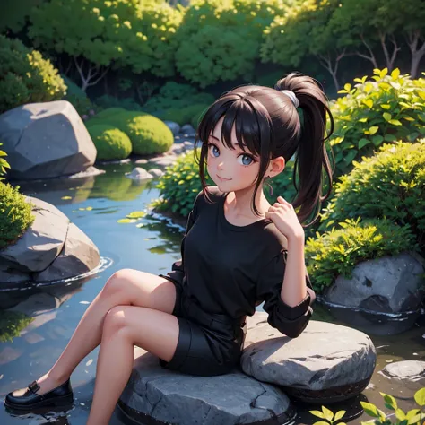 girl with ponytail hair sitting on a rock with a garden, black shirt in the background, her hands are resting on the rock she looks at the camera with a beautiful smile
