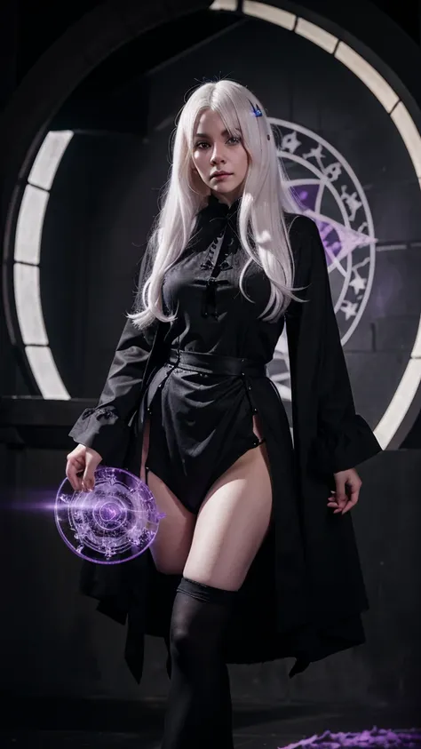 A girl, white hair, purple eyes, all black Wizard outfit, night, Magic circle, 