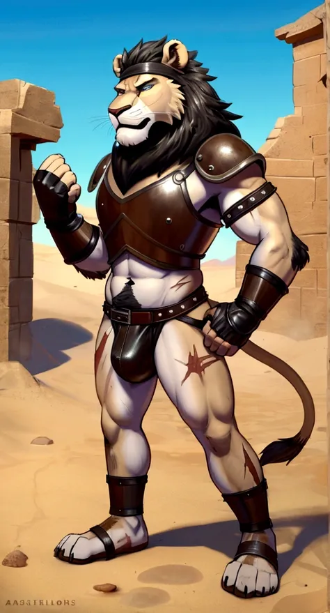 Solo Sexy anthro furry lion male slave desert gladiator, slim endomorph muscular handsone model male apperance, headband, sword scars, worn out leather skimpy armament, low on hips heavy leather belt, old very worn out skimpy dirty linen material jockstrap...