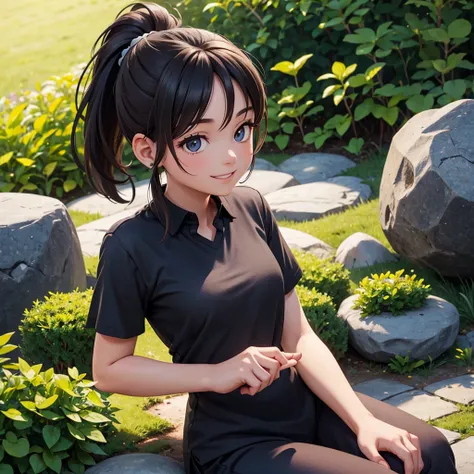 girl with ponytail hair sitting on a rock with a garden, black shirt in the background, her hands are resting on the rock she looks at the camera with a beautiful smile
