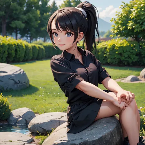 girl with ponytail hair sitting on a rock with a garden, black shirt in the background, her hands are resting on the rock she looks at the camera with a beautiful smile
