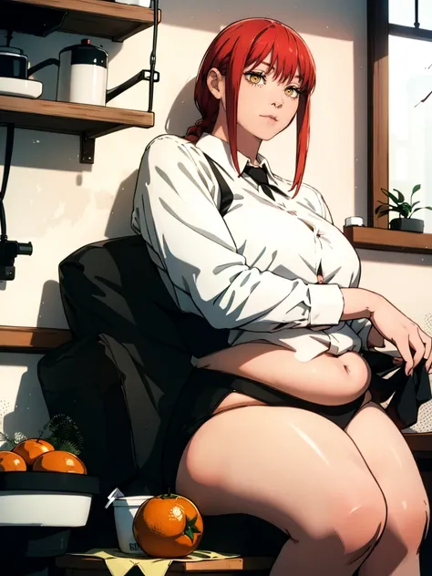 Le personnage Makima de la série animée Chainsaw Man, fragile, obésité morbide, ssbbw, pleine longueur (corps entier 1.1.), fond sombre, obscurité, anatomie correcte 1.1, anatomie correcte de la main, Très féminin, corps gras et rond, grosses Jambes, fesse...